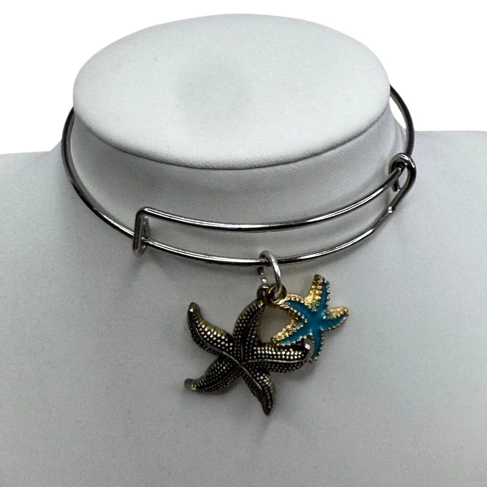 Silver Starfish Expandable Bangle Bracelet Turquoise Enamel Nautical Charm Beach